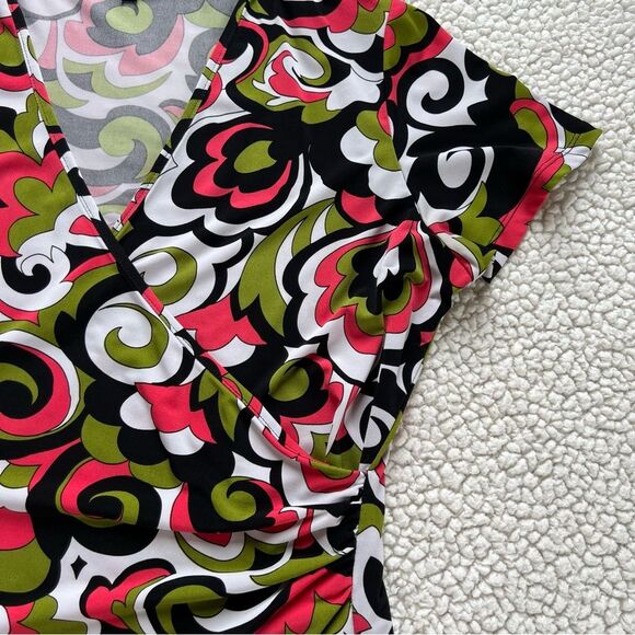 Y2K Evan Picone Multicolor Faux Wrap Retro Short Sleeve Babydoll Blouse SZ M - Picture 5 of 9